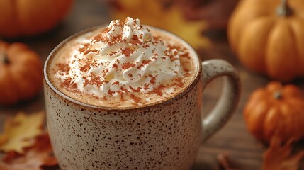 A close-up shot of a pumpkin spice latte in a rustic mug, topped with whipped cream and a dusting of cinnamon, set against a backdrop of fall leaves and small pumpkins. The scene is bathed in soft,