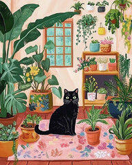painting of cat sits on the carpet surrounded by various potted plants and flowers.