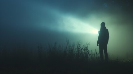 A person shines a powerful flashlight through thick fog in a dark, grassy field. The beam of light cuts through the mist, creating a dramatic, suspenseful scene perfect for themes of mystery, search