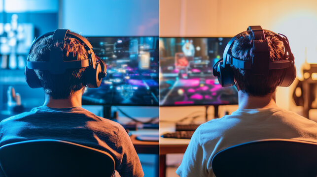 Gamer experience captured in split screen image showing two individuals immersed in gaming, highlighting excitement and focus of gaming world.