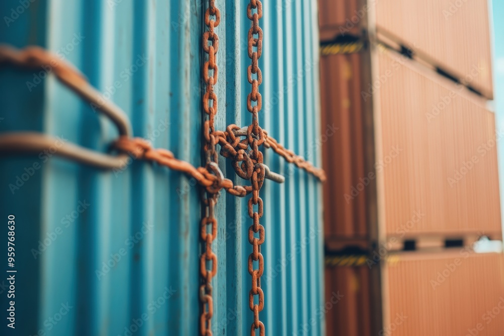 Poster a close-up of a shipping container being secured with chains and locks for maximum safety