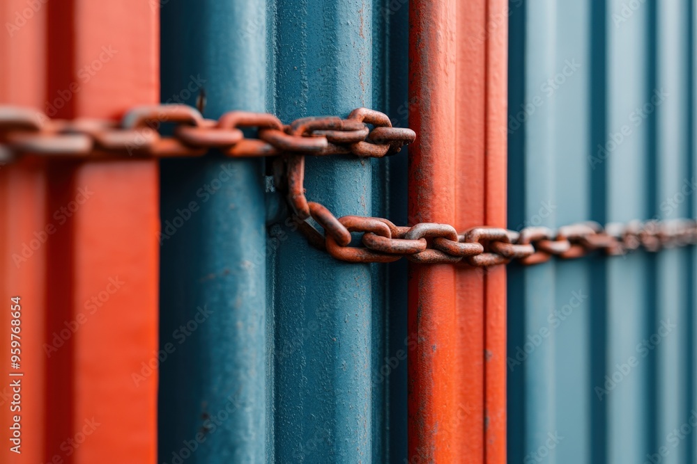 Poster securing freight: a close-up of vibrant shipping containers and rusty chains in action