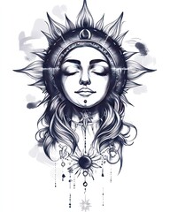 A woman's face with closed eyes surrounded by a sun with rays and a crescent moon with a mandala of celestial symbols below.