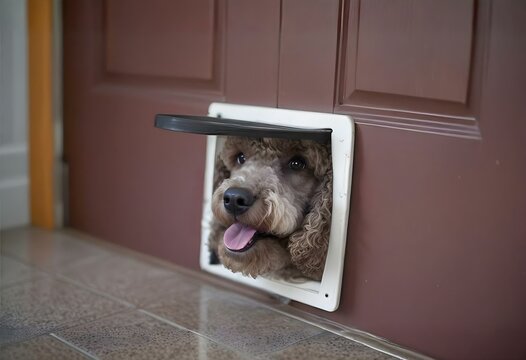 A big poodle peeking through a pet door