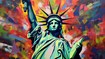 Obraz premium acrylic paint the statue of liberty painting, in the style of fauvist color scheme, nyc explosion coverage