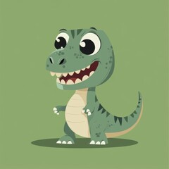 Fototapeta premium A cartoon illustration of a cute green dinosaur with big eyes and a wide smile, standing on a green background.