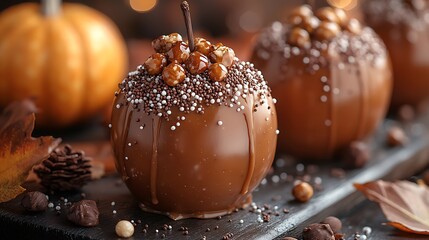 A cozy autumn setting with a focus on caramel apples decorated with various toppings, including nuts, chocolate, and sprinkles, arranged on a rustic table. The scene is enhanced by soft,