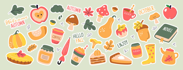 Cute autumn fall daily planner stickers. Season journal diary labels, cozy scrapbook icon set for bullet journals, notebook, diaries or calendar. Notebook decor print pack with pumpkin, leaves, acorns