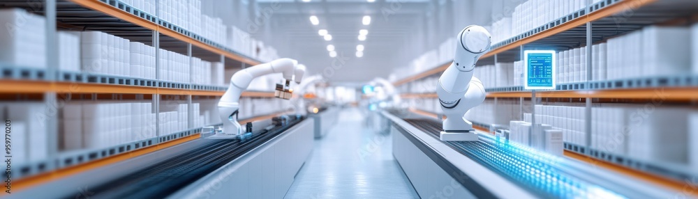 Poster automated warehouse with robotic arms efficiently sorting and managing inventory on conveyor belts i