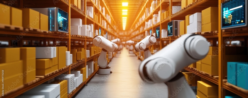 Poster automated warehouse scene featuring robotic arms sorting and organizing boxes, showcasing advanced t