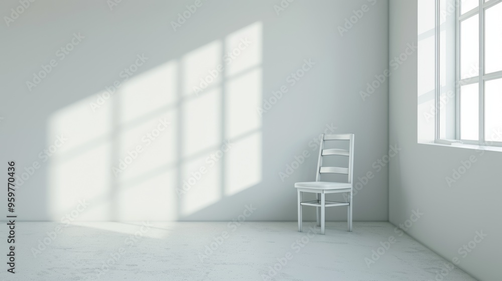 Aufkleber a white chair sits alone in an empty room, bathed in natural light streaming through a large window.