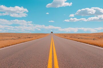 A picturesque open road stretches into the horizon under a bright blue sky, ideal for journey and adventure themes.