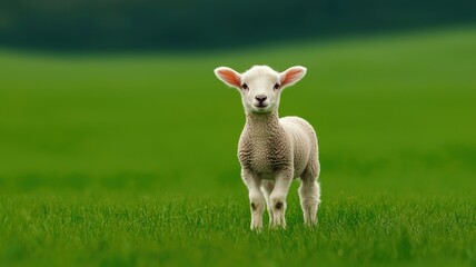 Obraz premium A playful lamb stands in a lush green field, showcasing its innocence and charm. Perfect for nature and farm-themed projects.