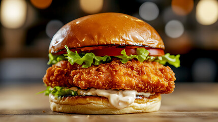 crispy chicken fillet topped with lettuce, tomato, and mayo, served on a toasted brioche bun