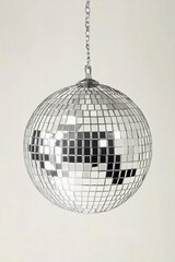 Fototapeta premium A photorealistic, hyperrealistic disco ball, hanging from a chain against a white background