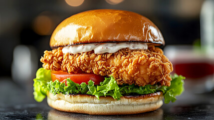 crispy chicken fillet topped with lettuce, tomato, and mayo, served on a toasted brioche bun