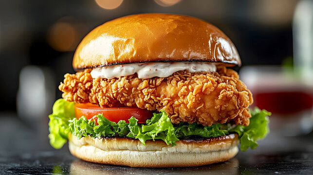 crispy chicken fillet topped with lettuce, tomato, and mayo, served on a toasted brioche bun