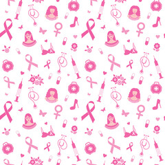 Breast cancer seamless pattern awareness pink ribbon. October is Breast Cancer Awareness Month. Pink on white.