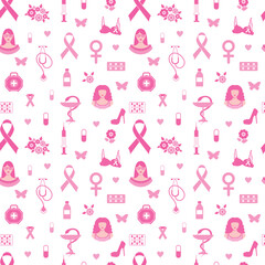 Breast cancer seamless pattern awareness pink ribbon. October is Breast Cancer Awareness Month. Pink on white.