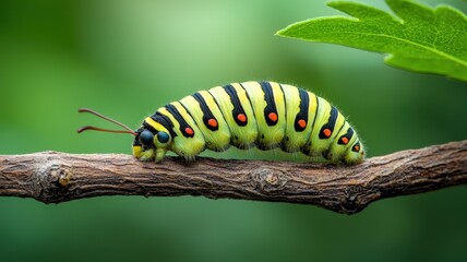 Fototapeta premium A vibrant green caterpillar with striking black and yellow stripes resting on a branch, surrounded by lush greenery.