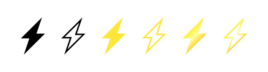 Lightning Set Icons. Silhouette, Linear and Flat style. Vector icons.