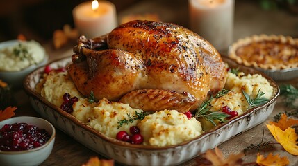 A cozy Thanksgiving dinner scene featuring a golden roasted turkey at the center of a rustic table, surrounded by dishes of cranberry sauce, mashed potatoes, and pumpkin pie.