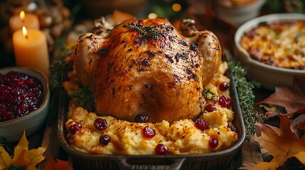 A cozy Thanksgiving dinner scene featuring a golden roasted turkey at the center of a rustic table,...