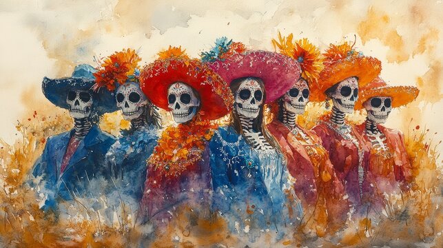 Watercolor Painting of Calaveras Catrinas in Colorful Hats and Dresses
