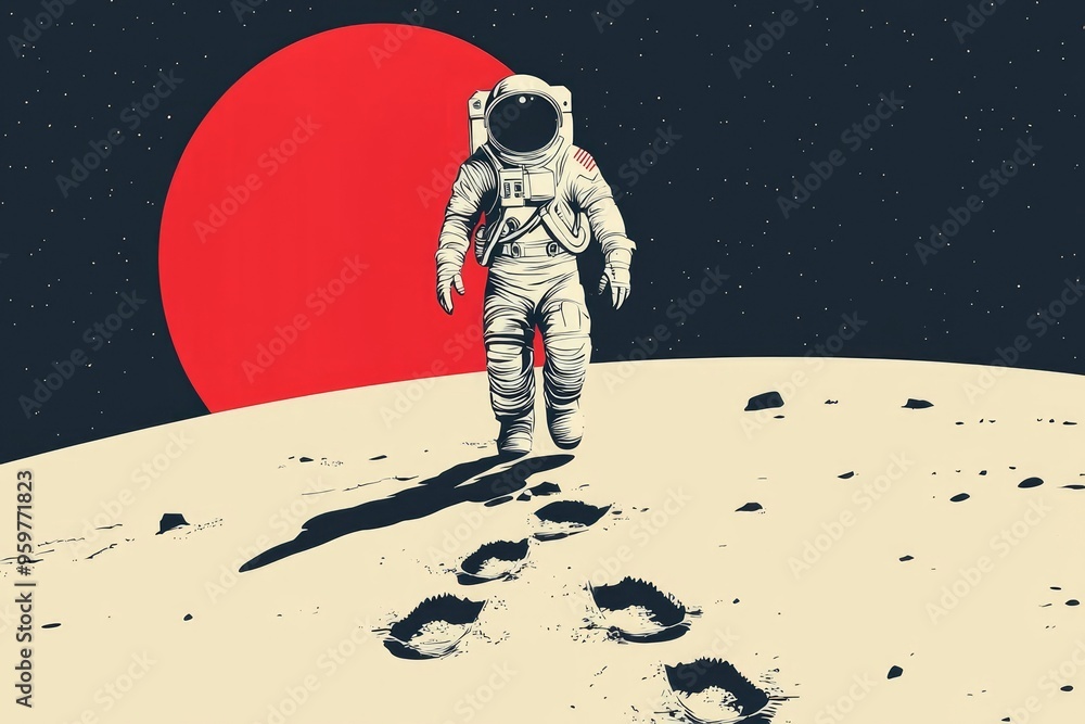 Poster astronaut walking on the moon with red planet in the background