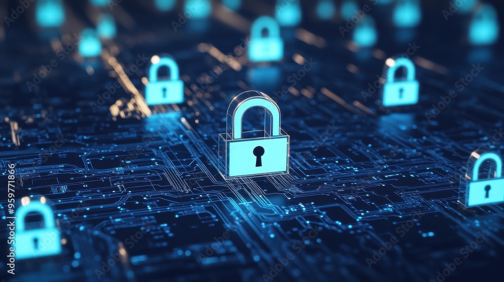 Aufkleber digital locks on a circuit board symbolize cybersecurity and data protection in a technology-themed 