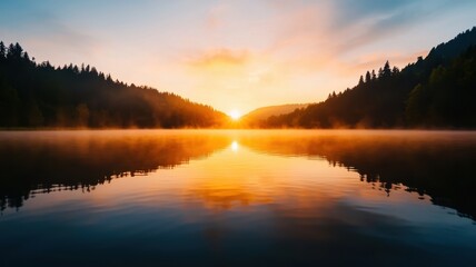 Fototapeta premium Serene sunset over a tranquil lake, surrounded by lush forests, reflecting vibrant colors on the water's surface.
