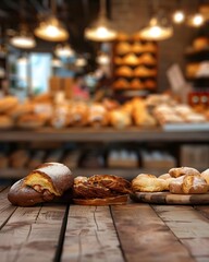 Empty wooden table top with a blurred background of a bakery shop interior for product display montage