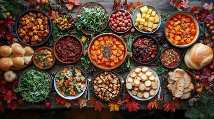 Fototapeta premium A panoramic view of a rustic autumn table spread, featuring a variety of roasted vegetables, hearty stews, and freshly baked bread, surrounded by colorful fall leaves. The warm,