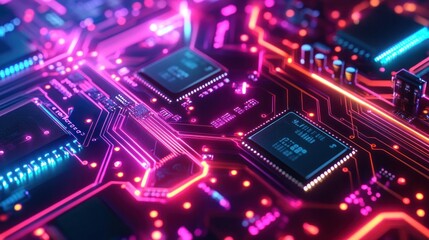Obraz premium A technology background featuring a circuit board design with glowing pathways and microchips in neon colors