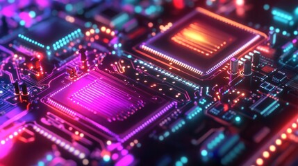 Obraz premium A technology background featuring a circuit board design with glowing pathways and microchips in neon colors