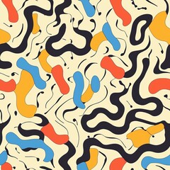 seamless pattern of funky squiggles and geometric forms in contrasting hues
