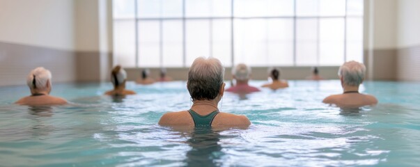Elderly individuals participating in a water aerobics class, promoting fitness and community engagement in a serene pool environment.