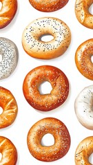 Watercolor plain bagels and sesame seeds bagels on white background,London Bagel,Everything bagels topped with cream cheese for breakfast,Homemade freshly plain,onion bagels,space for text.