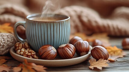 Fototapeta premium A rustic autumn scene featuring roasted chestnuts in their shells, arranged on a wooden table with a warm blanket, autumn leaves, and a steaming mug of hot cocoa. The warm,