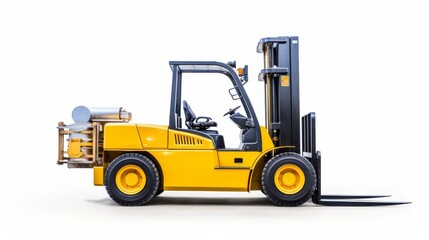 Fototapeta premium Heavy-duty forklift parked on a clean surface in a warehouse setting during the day