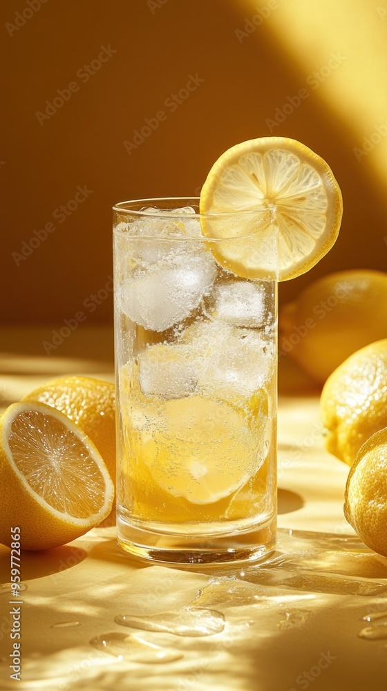 Sticker A tall glass filled with ice and lemon water, garnished with a lemon slice. The glass is on a yellow surface, with several lemons in the background. The sunlight creates a warm, inviting atmosphere.