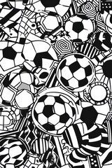 Seamless black and white pattern with soccer balls and geometric shapes.