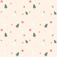 Cute cartoon Christmas collection with tree, snowman, snowflake, gift box and heart shape drawing on beige background seamless pattern. Perfect design for fabric, clothing, embroidery, wrap, craft