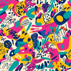 seamless pattern of playful doodles and shapes in bright, clashing colors