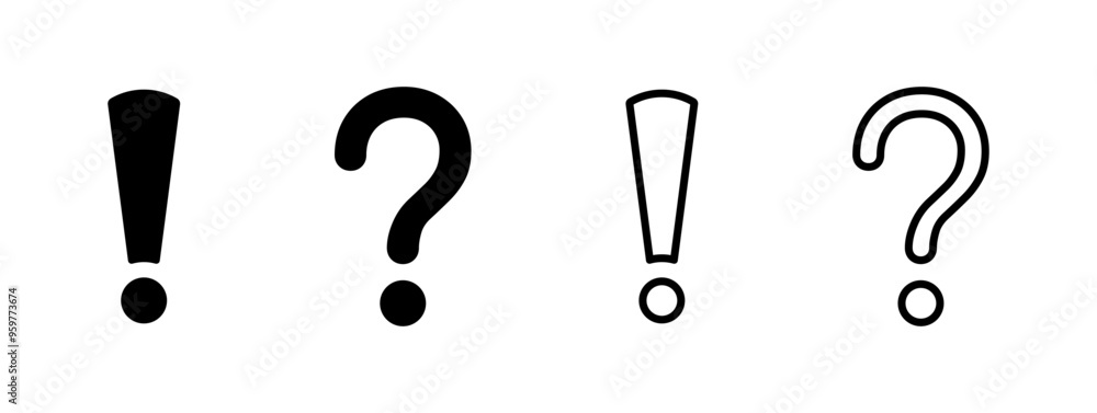 Poster exclamation mark and question mark set icons. linear and silhouette style. vector icons.