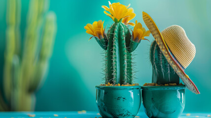 A vibrant and festive image featuring a colorful sombrero perched atop a prickly cactus. The bright turquoise background and cheerful flowers