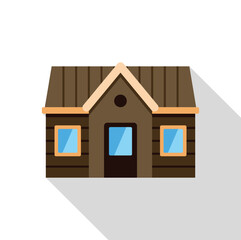 Small wooden family house with gable roof casting long shadow, isolated on white background in flat design
