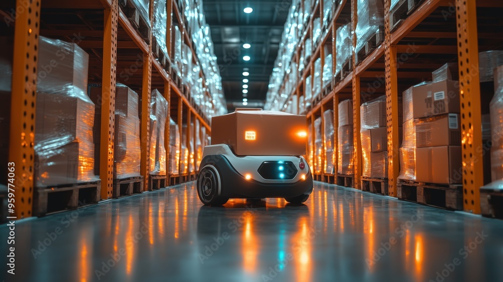 Poster warehouse robot with package in dim lighting. robotic vehicle carrying a package navigates the aisle