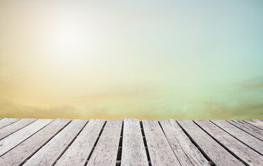 Wooden terrace the blurred background concept. Wood white table perspective in front of natural in the sky.