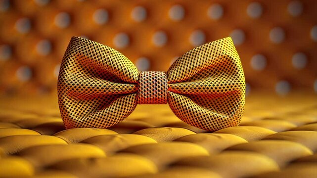 Golden bow tie with polka dot pattern on quilted fabric